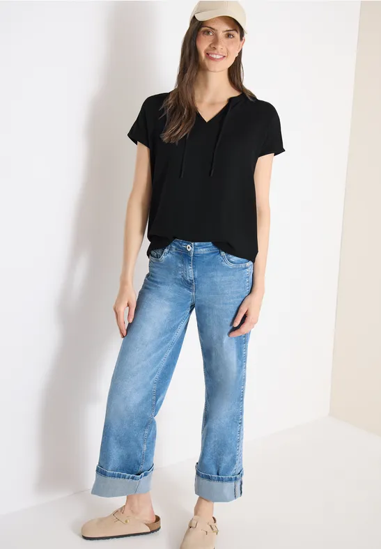 Blouse met korte mouwen en structuurmix Black