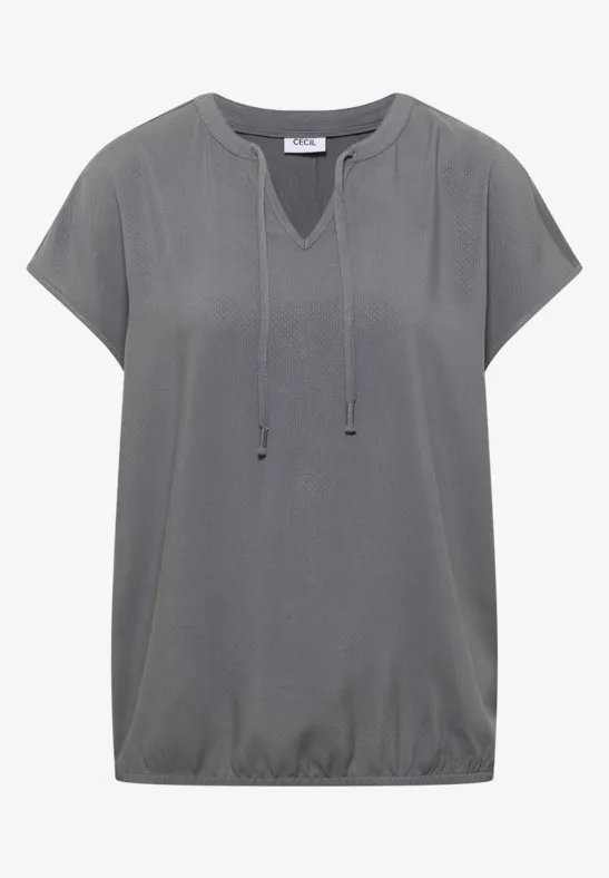 Graues Kurzarmshirt mit V-Ausschnitt und Kordeln sowie gesmoktem Bund, locker geschnitten.