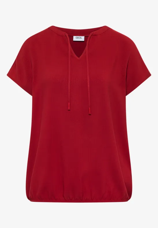 Rotes Damenshirt mit kurzen Ärmeln, lockerem Schnitt und V-Ausschnitt mit Kordelzug.