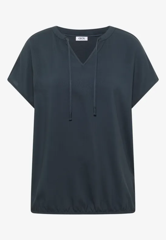 Dunkelbluse mit V-Ausschnitt, kurzen Ärmeln, Tunnelzug und elastischem Saum.