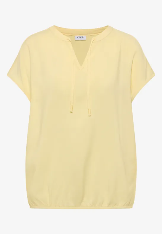Lichtgele dames top met korte mouwen, V-hals met koordjes en elastische zoom