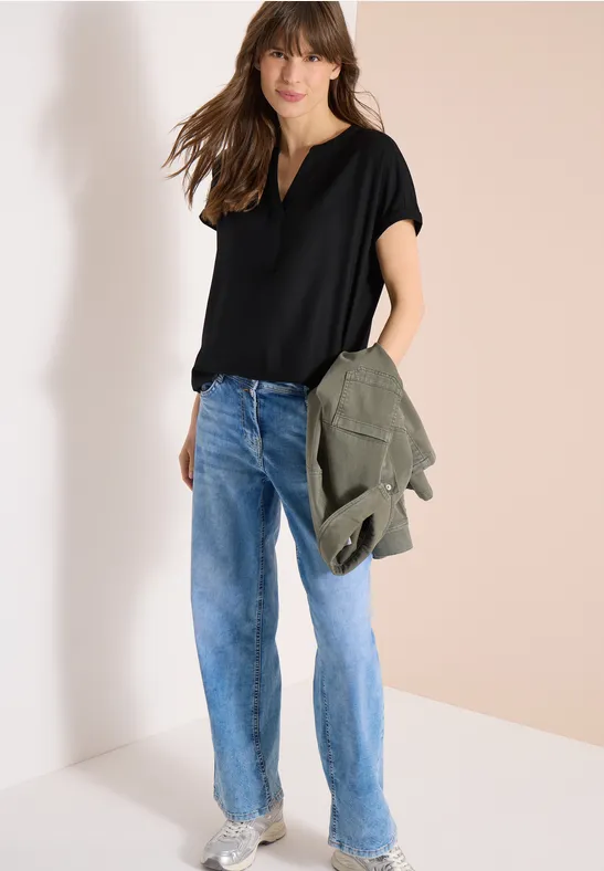 Blouse met korte mouwen en gespleten hals Black