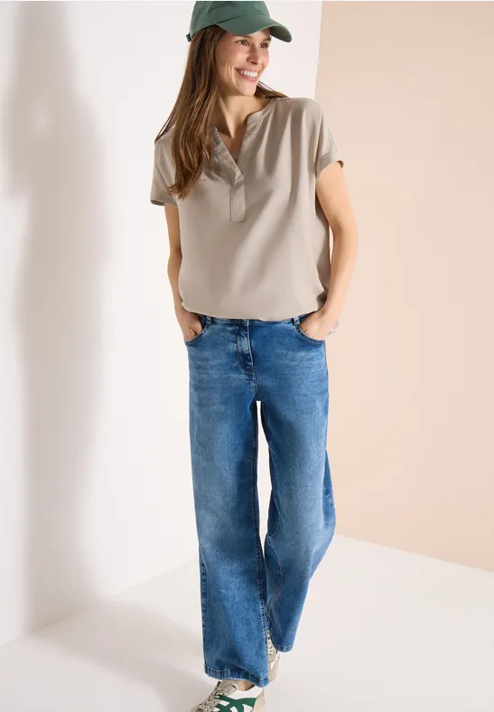 Blouse met korte mouwen en gespleten hals grain beige