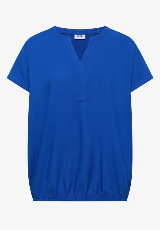 Schlichtes, blaues Kurzarmshirt mit V-Ausschnitt und elastischem Saum.