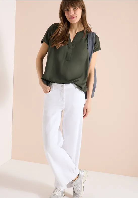 Blouse met korte mouwen en gespleten hals khaki