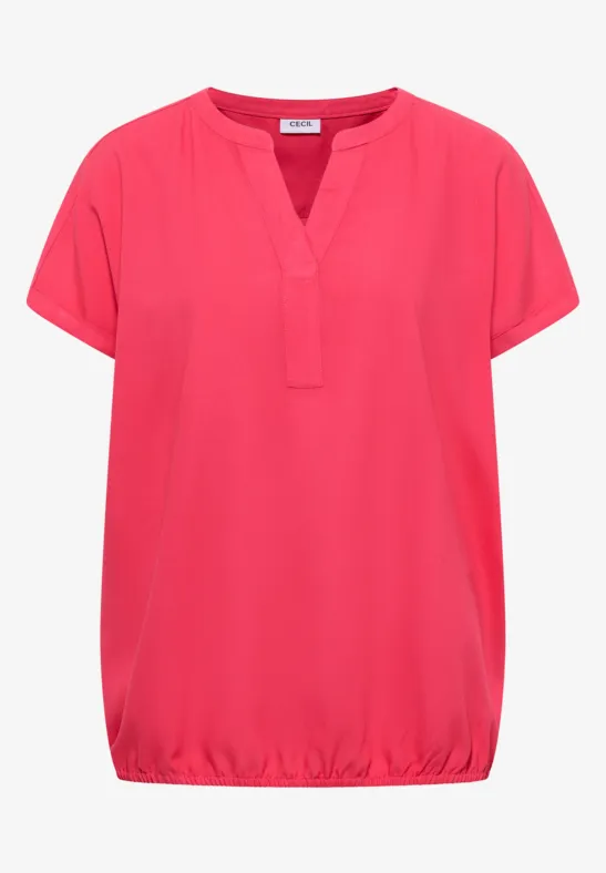 Roze kort mouw blouse met V-hals en elastische zoom.