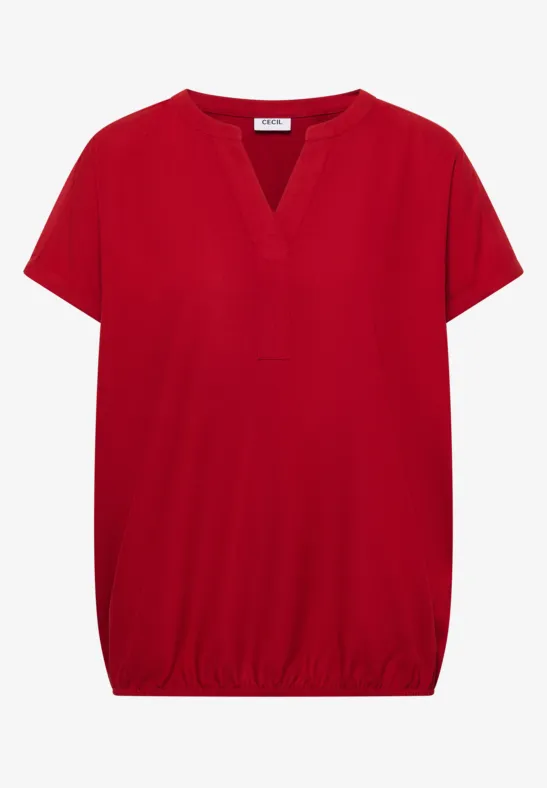 Rote, kurzärmlige Bluse mit V-Ausschnitt und elastischem Saum.