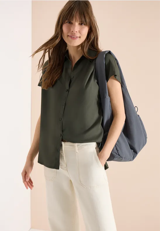 Basic Bluse mit Hemdkragen in Unifarbe khaki