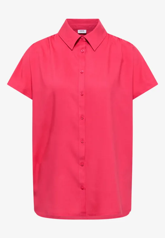 Felroze overhemd met korte mouwen, knoopsluiting en kraag.