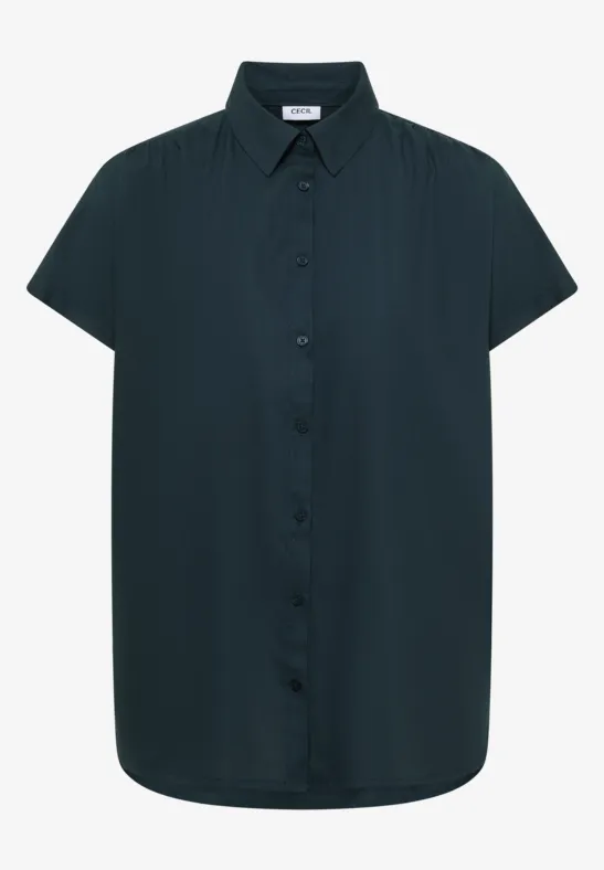Dunkelgrüne, kurzärmelige Bluse mit Hemdkragen und durchgehender Knopfleiste.