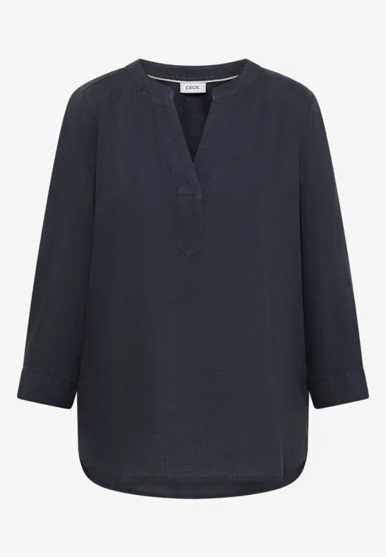 Lockere schwarze Bluse mit V-Ausschnitt und 3/4-Ärmeln, leichter Fall.