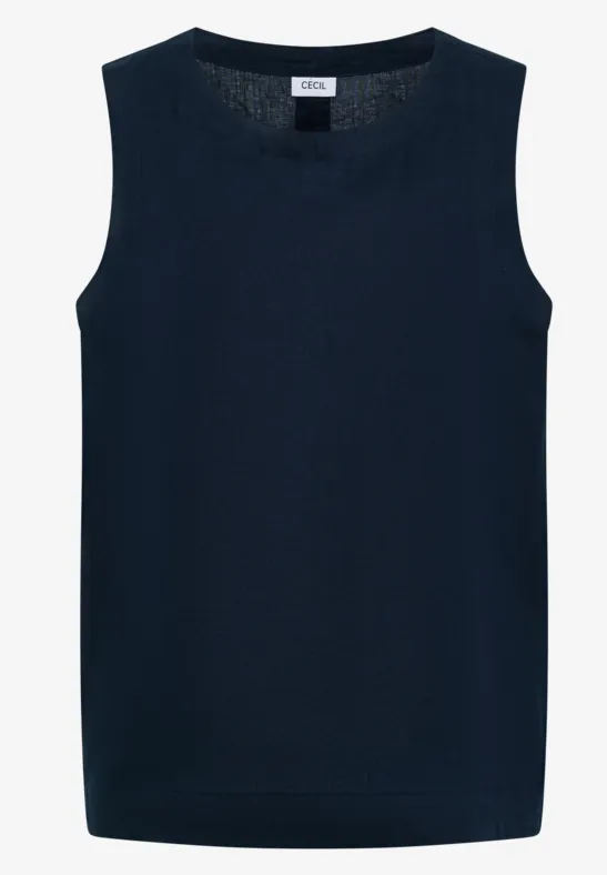 Top sans manches en maille bleu marine avec col rond.