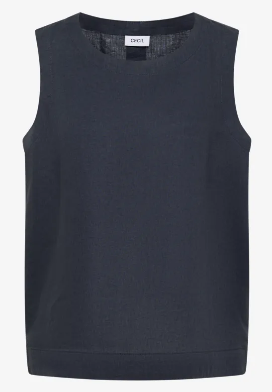 Top sans manches pour femme, de couleur bleu marine, coupe droite et design épuré.