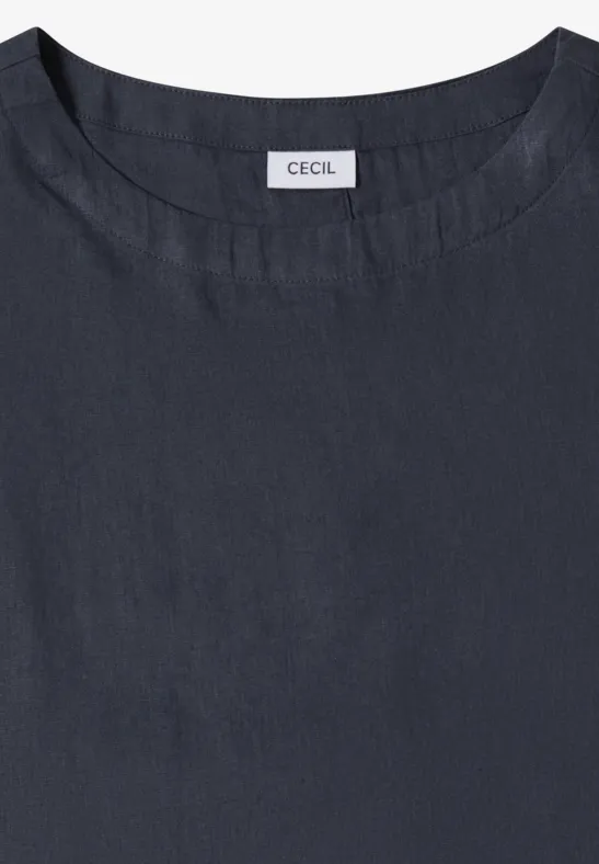 Top féminin gris foncé à col rond en tissu légèrement texturé, style épuré.