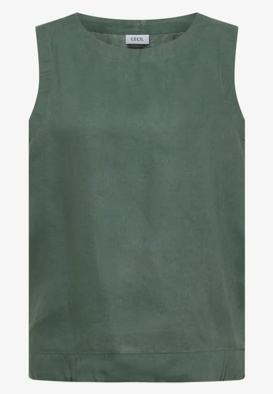 Ärmelloses Top in dunklem Grün aus leichtem Stoff, gerade geschnitten.