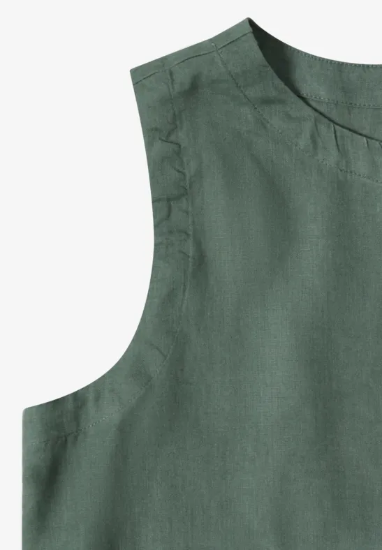 Grünes ärmelloses Leinenoberteil mit rundem Halsausschnitt