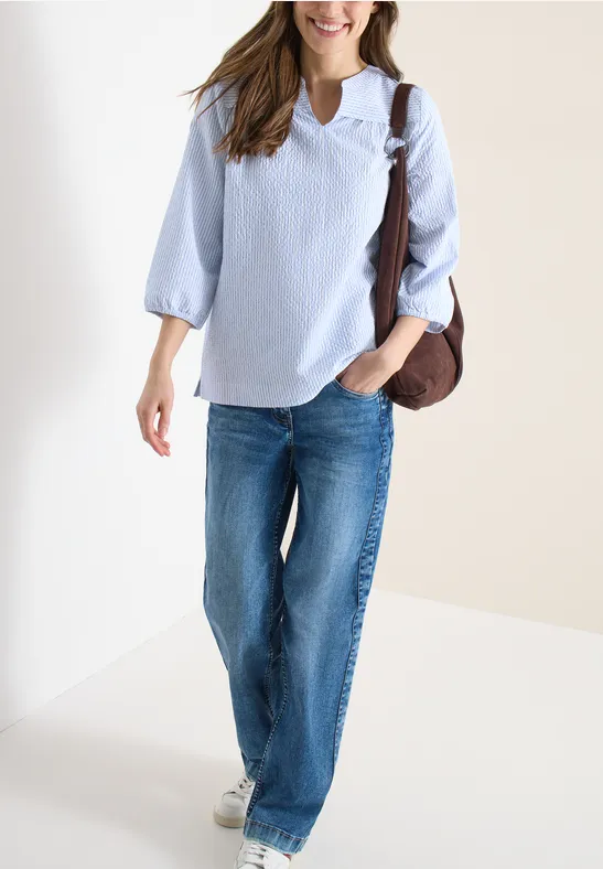 Bluzka koszulowa z rękawem 3/4 w jakości seersucker blouse blue