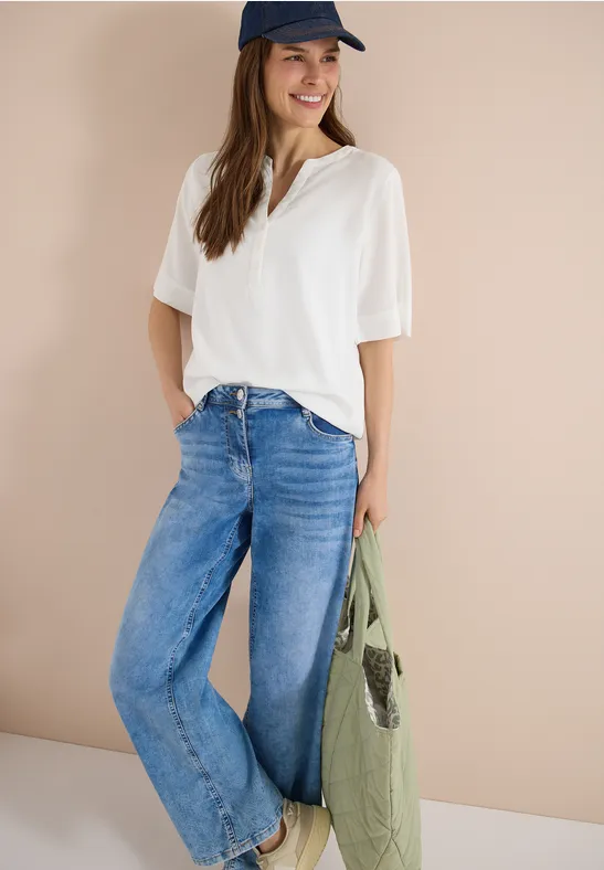 Kurzarm Bluse mit Split Neck vanilla white