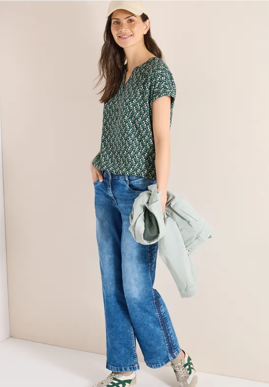 Blouse met gespleten hals en minimale print raw khaki