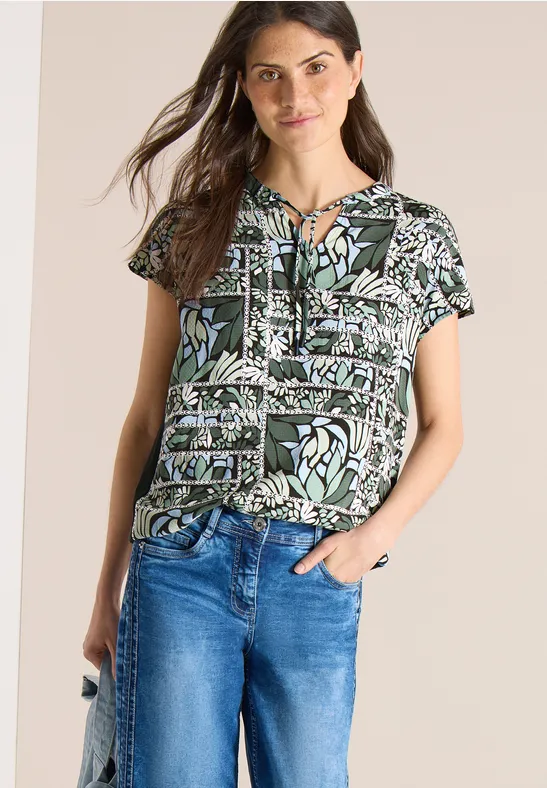 Blouse met gespleten hals en structuurmix raw khaki