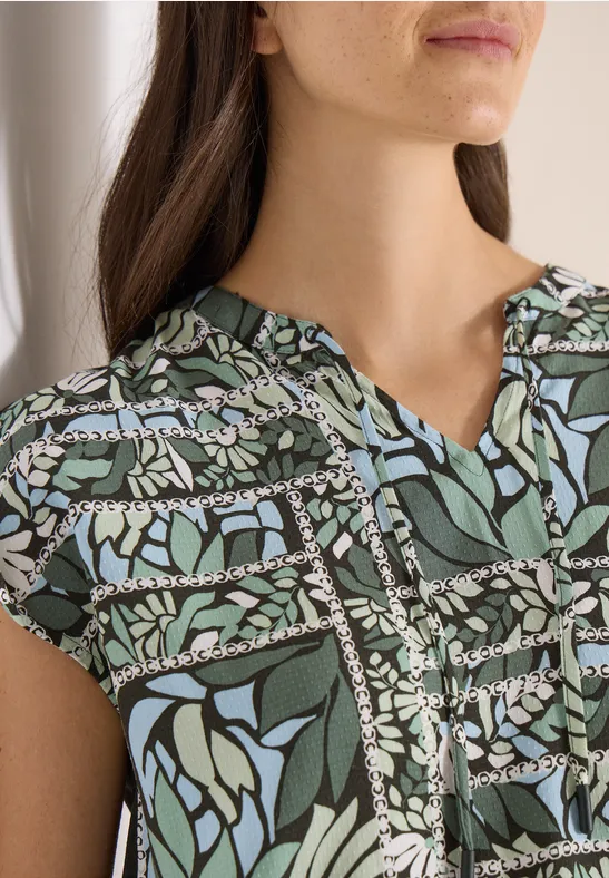 Blouse met gespleten hals en structuurmix raw khaki