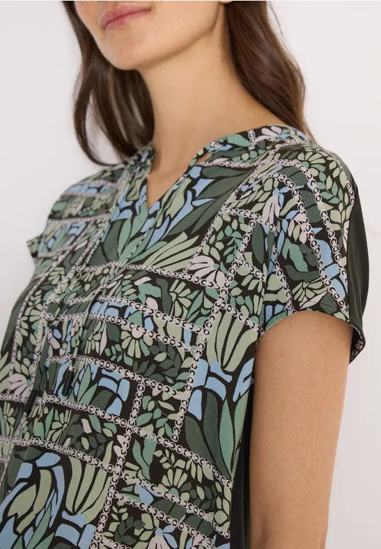 Blouse met gespleten hals en structuurmix raw khaki