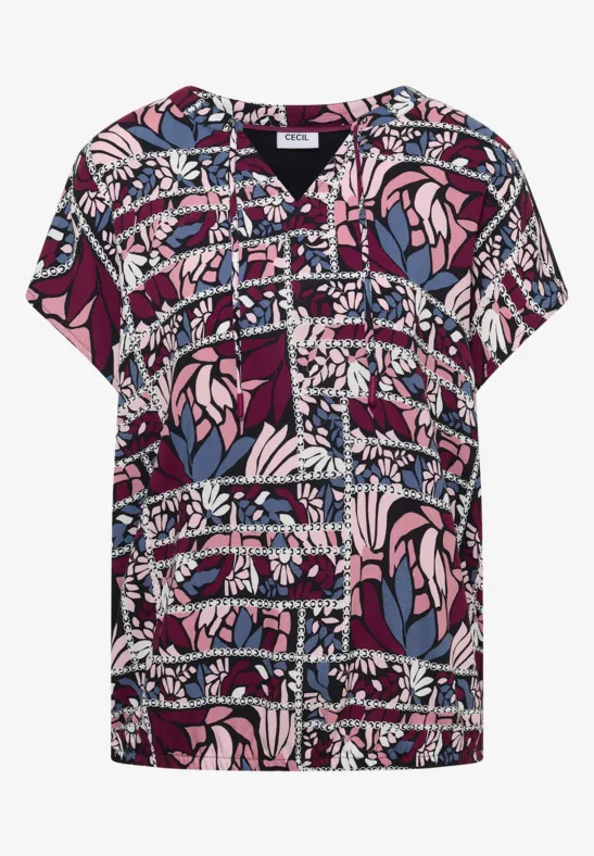 Bluse mit Split Neck und Strukturmix deep plum