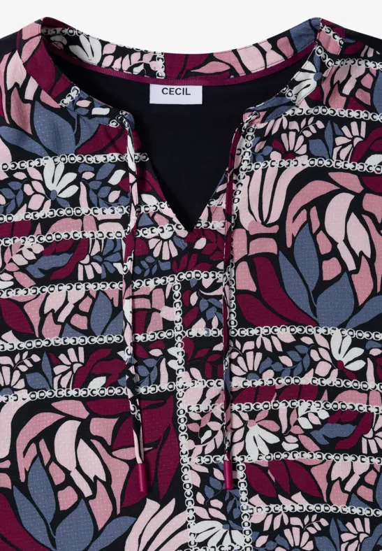 Bluse mit Split Neck und Strukturmix deep plum