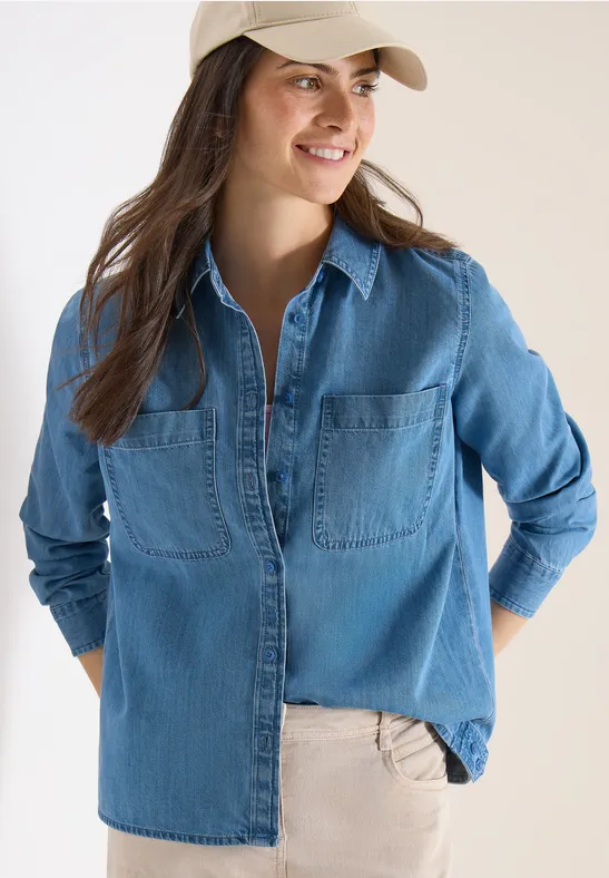 Blouse met overhemdkraag in denimlook mid blue wash