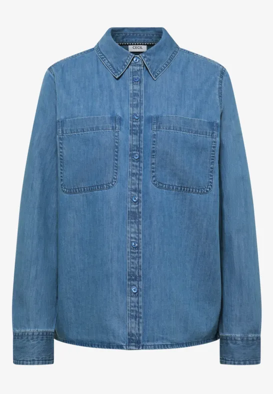 Blouse met overhemdkraag in denimlook mid blue wash