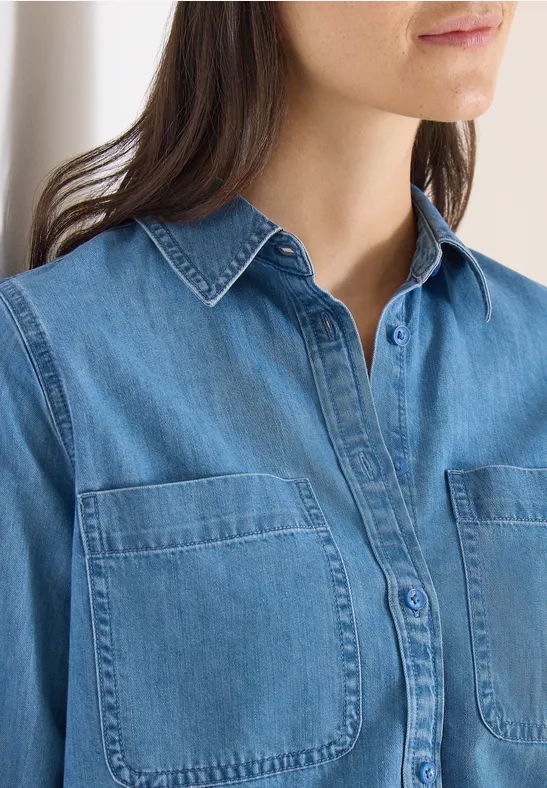 Blouse met overhemdkraag in denimlook mid blue wash