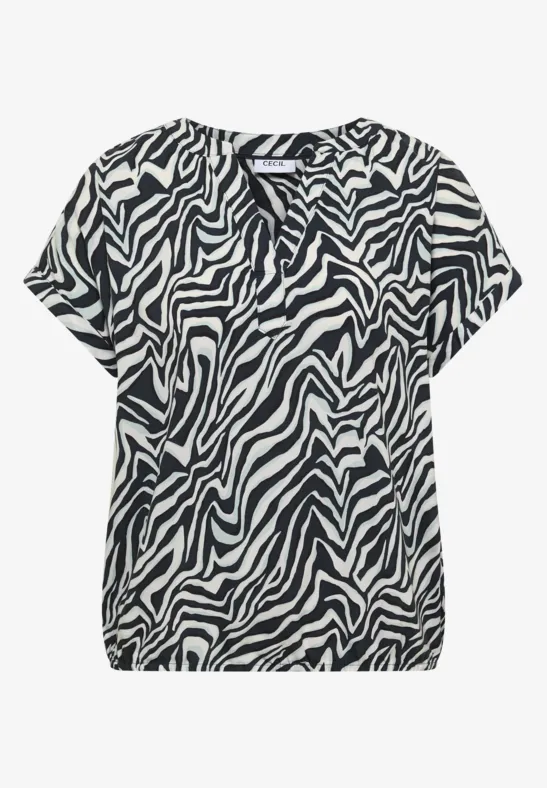 Kurze Damenbluse mit schwarz-weißem Zebra-Muster, locker geschnitten und mit Rundhalsausschnitt.