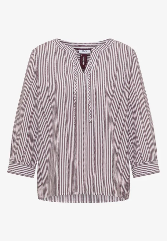 Damenbluse mit 3/4-Ärmeln, V-Ausschnitt mit Bändern, feine vertikale Streifen in Weiß und Bordeaux.