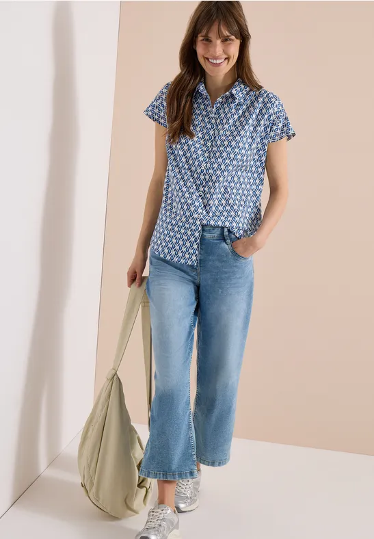 Kurzarm Bluse mit Minimal Print universal blue