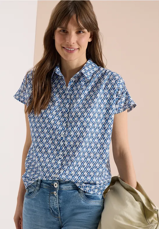 Kurzarm Bluse mit Minimal Print universal blue