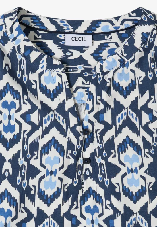 Blau-weiß gemusterte Damenbluse mit V-Ausschnitt und Knopfleiste