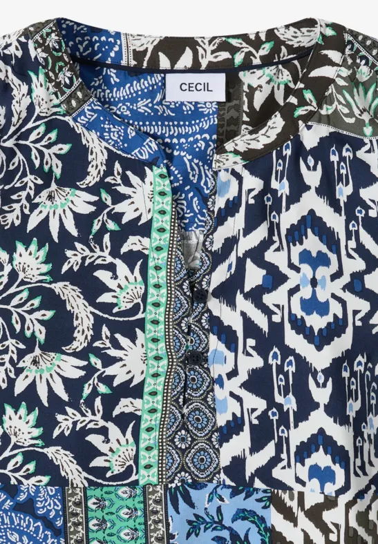 Damenbluse mit Patchwork-Print in Blau, Grün, Weiß und Schwarz