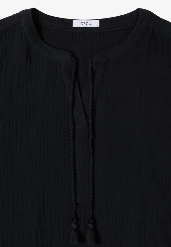 Bluse mit Split Neck aus Musselinstoff Black