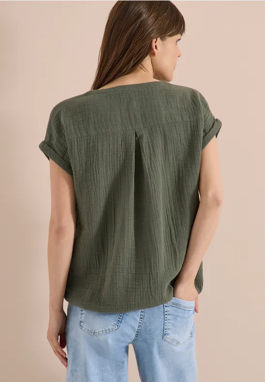 Blouse à col fendu en mousseline de soie khaki