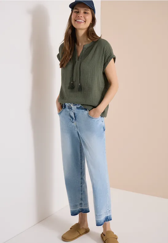 Blouse à col fendu en mousseline de soie khaki