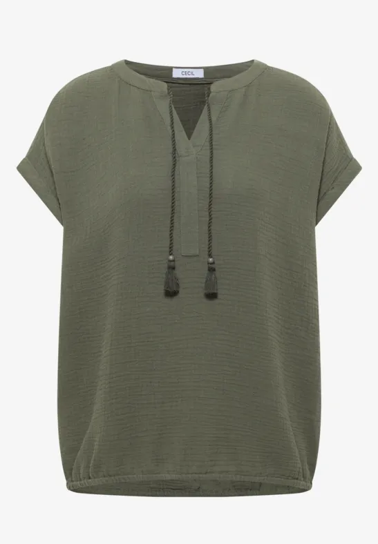 Blouse à col fendu en mousseline de soie khaki