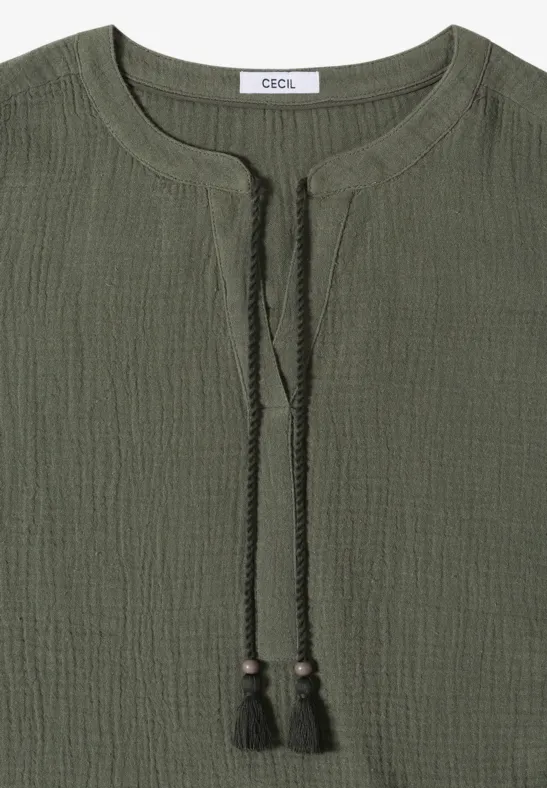 Blouse à col fendu en mousseline de soie khaki