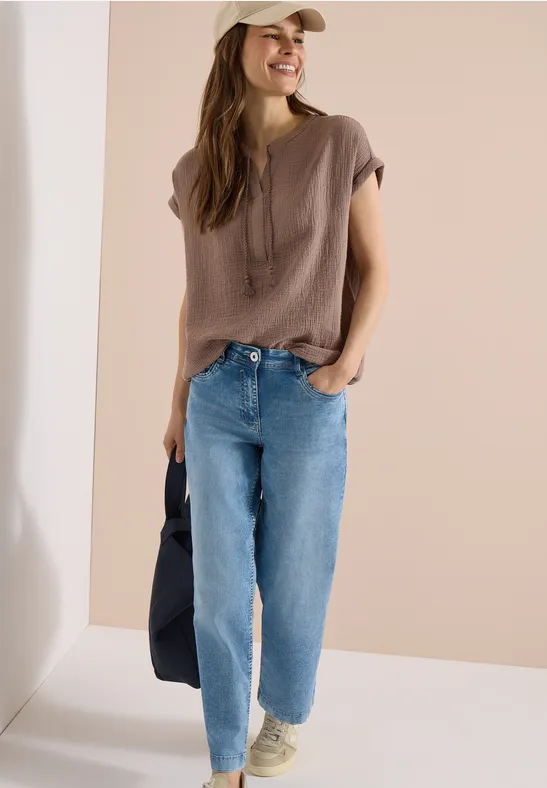 Blouse met gespleten hals in mousseline urban taupe