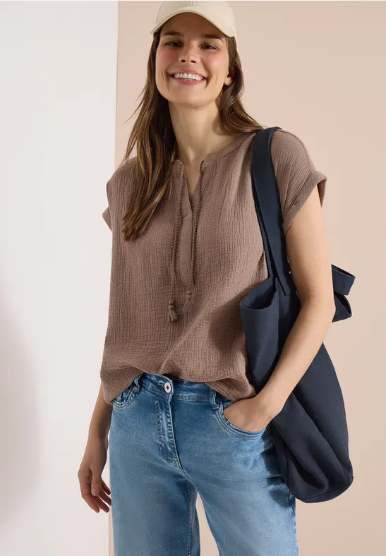 Blouse met gespleten hals in mousseline urban taupe