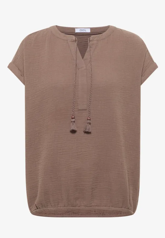 Blouse met gespleten hals in mousseline urban taupe