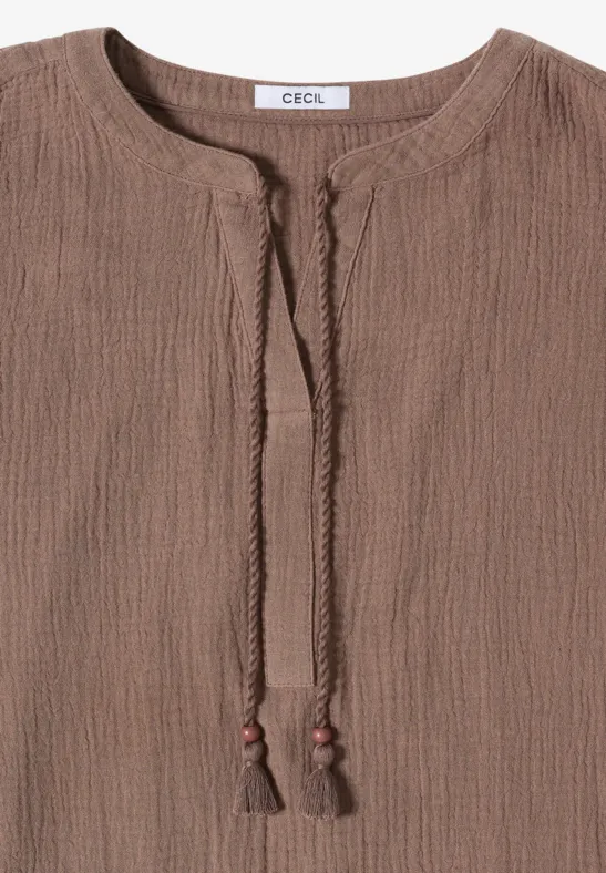 Blouse met gespleten hals in mousseline urban taupe