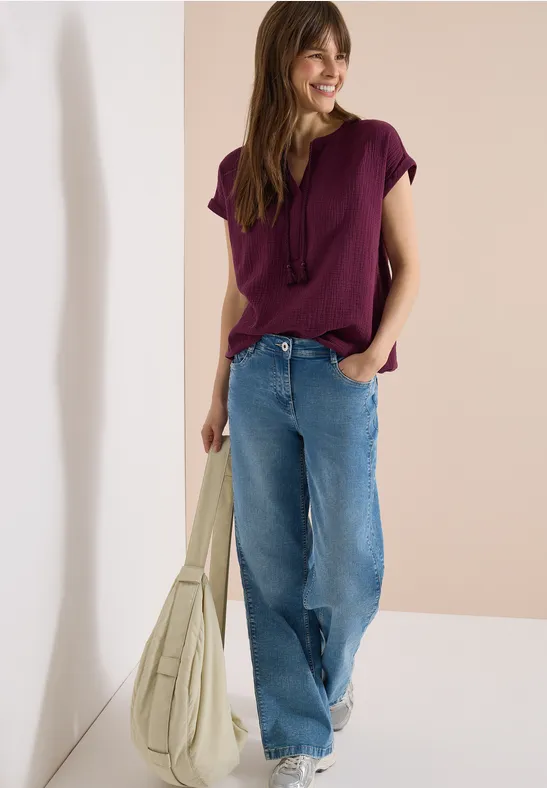 Bluse mit Split Neck aus Musselinstoff sweet grape red