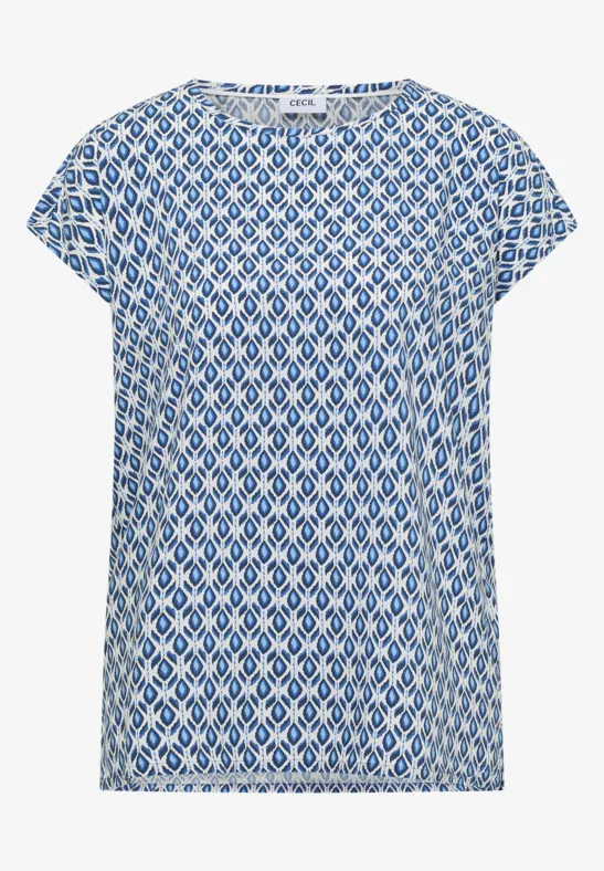 Blau-weiß gemustertes Damen-Shirt mit kurzen Ärmeln und lockerem Schnitt.