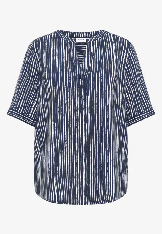 Bluse mit vertikalem blau-weißem Streifenmuster, kurzen Ärmeln und Knopfleiste