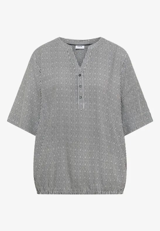 Graue Damenbluse mit dezentem Muster, Halbarm, Knopfleiste und elastischem Saum